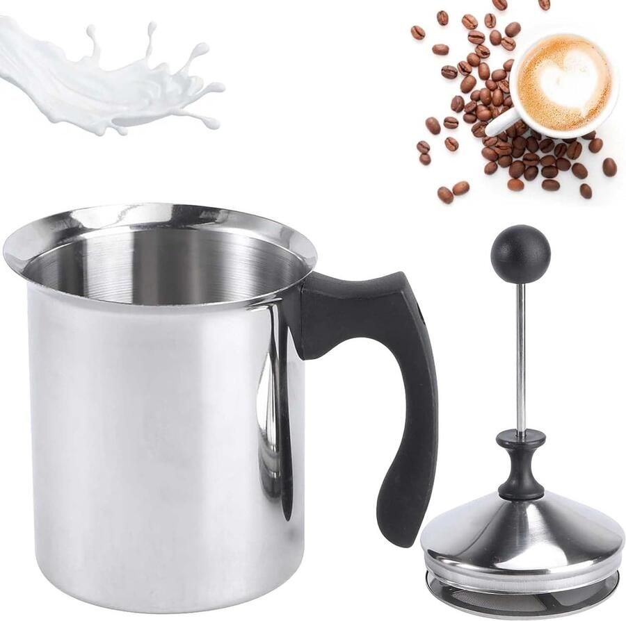 Thijox Handmatige Melkopschuimer 800 ml Roestvrij Staal Perfect Melkschuim met Dubbele Zeef en Drukmechanisme Ideaal voor Cappuccino Latte en