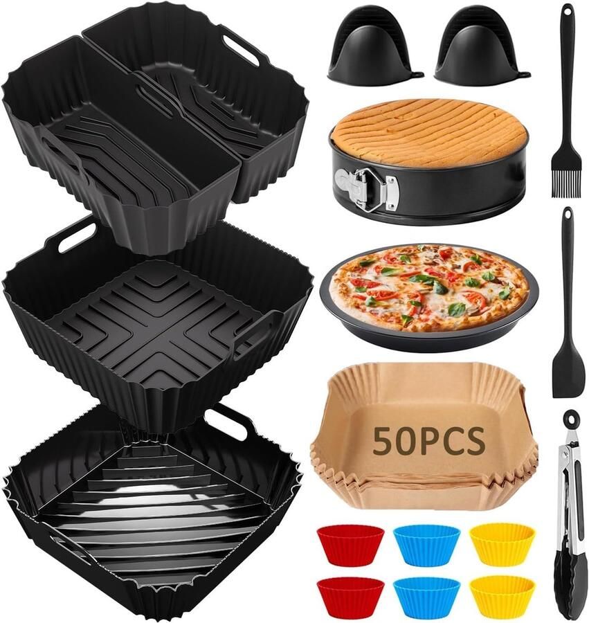 Thijox Heteluchtfriteuse Accessoires Set voor Cosori Turbo Tower Pro Ninja MAX PRO Siliconen Bakvormen en Bakpapier voor 5 5L 6L 6 2L 10 8L K
