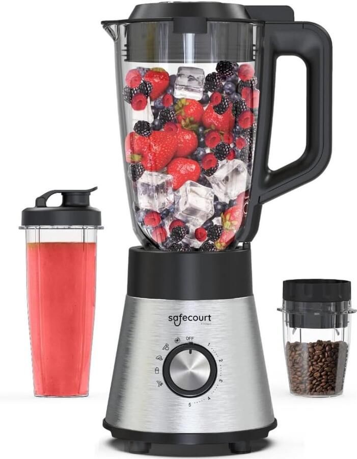 Thijox Kitchen Power Blender met 5 Automatische Programma's 1300 Watt 1 5L Glazen Kan + Sportbeker + Koffiemolen Smoothie Maker & IJscrusher