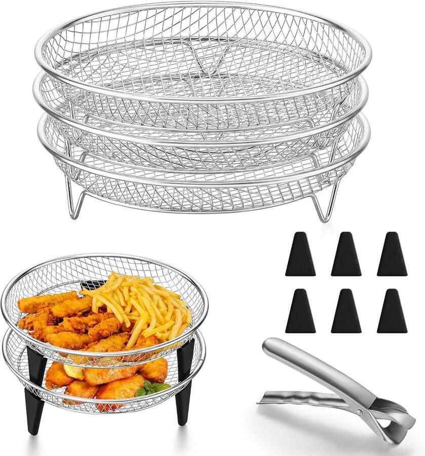 Onader Heteluchtfriteuse accessoires 3-delig roestvrij staal rond grillrooster voor airfryer-accessoires met 6 siliconen voetjes en 1 grijpklem voor frituren bakken stapelbaar