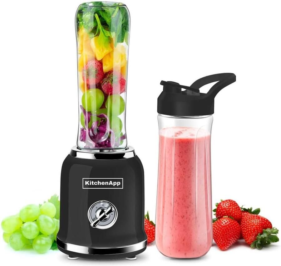 Thijox Retro Blender To Go Smoothie Maker 300W met 2 Flessen BPA Vrij Zwart Ideaal voor Smoothies Shakes en Voedselbereidingen in Keuken en Voo