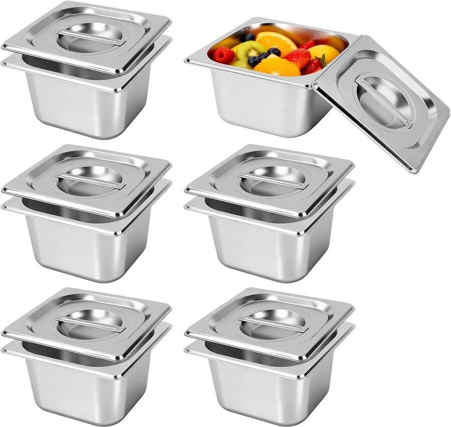 Thijox Set van 6 GN 1 6 RVS Bakken Stapelbare Gastro Schalen 10 cm Diep met Deksel Roestvrij Staal Voedselbewaarbakken voor Keuken Bain-Marie en