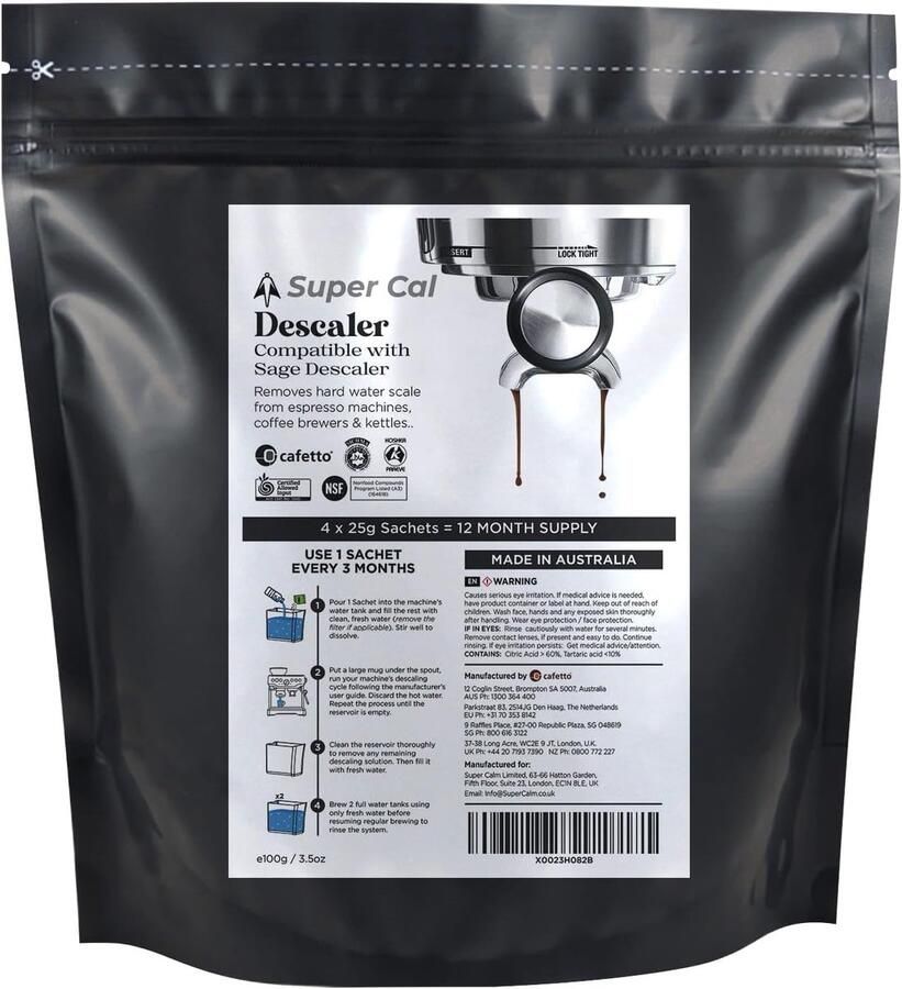 Thijox Super Cal Descaler Ontkalkpoeder voor Koffiemachines & Waterkokers 4 × 25g Sachets voor 12 Maanden Onderhoud