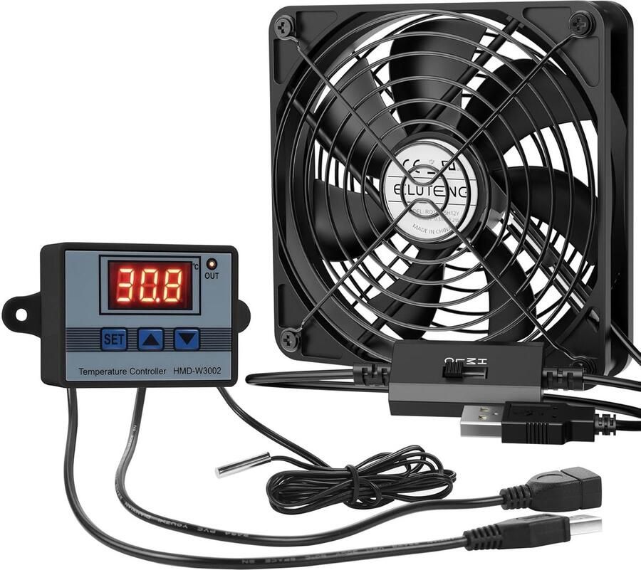 Thijox USB-ventilator 120 mm met digitale temperatuurregelaar 1500 RPM 3 snelheden metalen grill voor laptop PS5 tv-box AV-kast router
