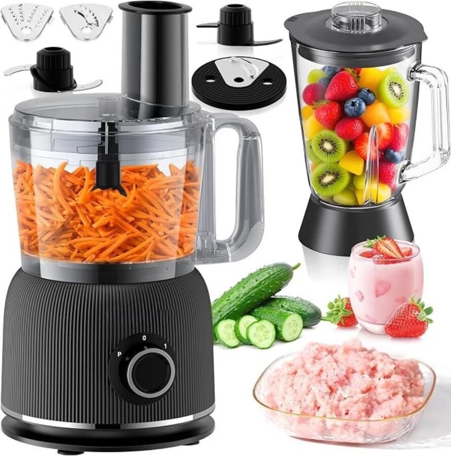 Thuys Foodprocessor & Blender 1500W – 2 5 L Foodprocessor + 2 L Glazen Blender – 20.000 RPM – 2 Snelheden & Pulse – Zwart