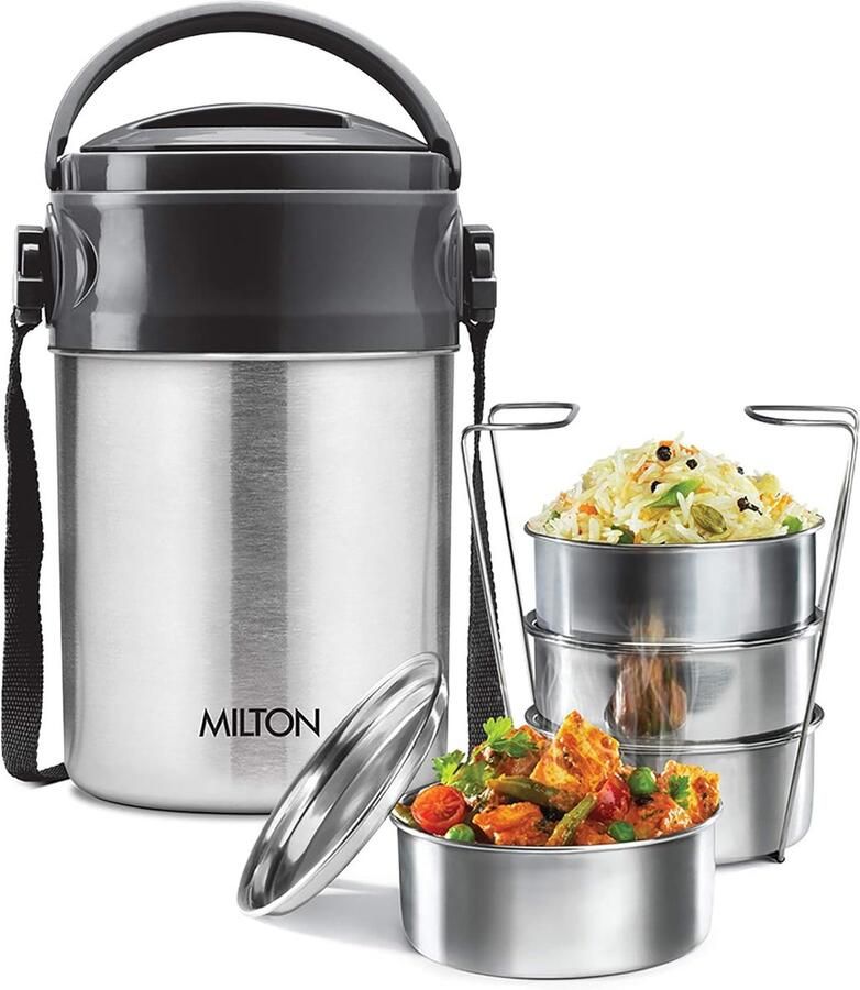 Tiffin Lunchbox Voedseldrager Eten Warm Houden Dubbelwandig Geïsoleerd 4 Lagen Zilverkleurig