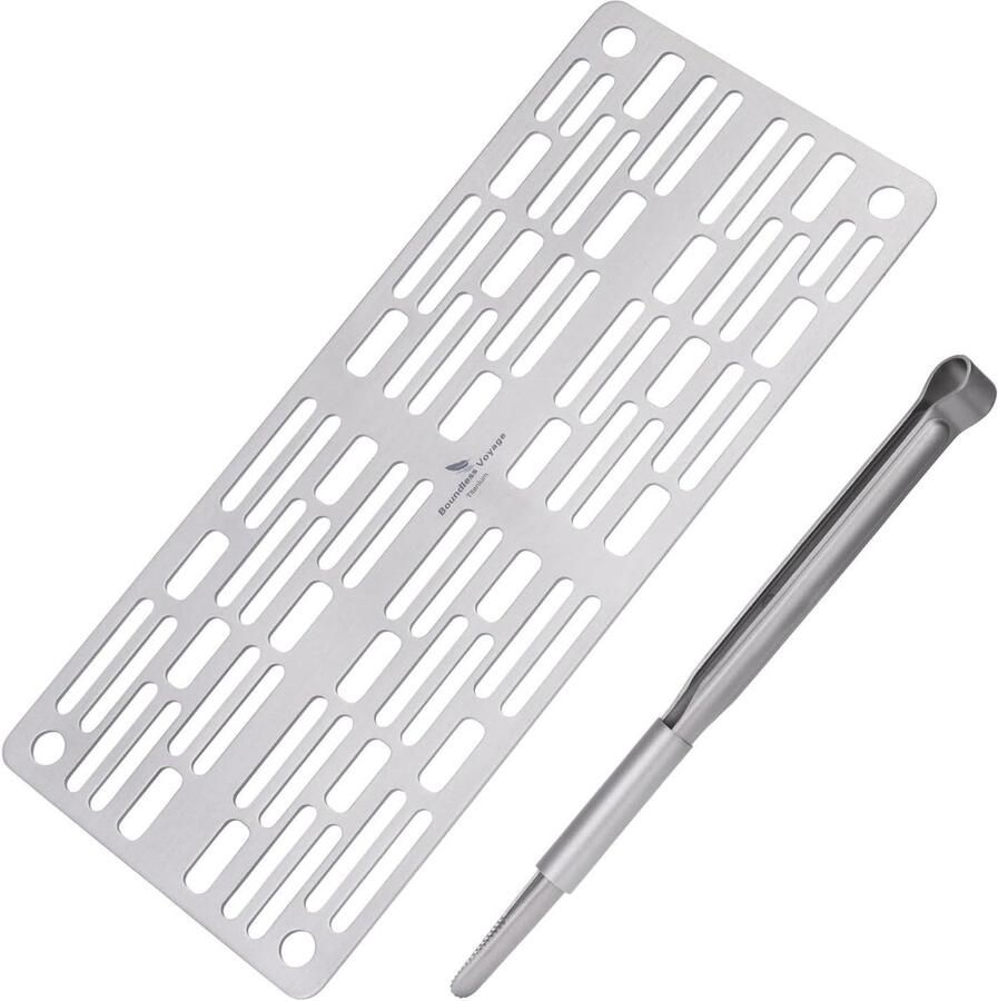 Titanium Grillrooster met BBQ-keukentang Ti2023C + Ti1014T 250 x 110 x 2 mm Ultralicht en Hittebestendig Outdoor Accessoire Voor Kampeerders en Wandelaars