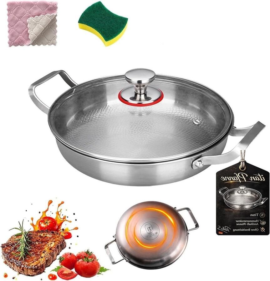 Titanium Pan Ongecoate Koekenpan Gezond Koken Puur Titanium Materiaal 26 cm Metaalgrijs