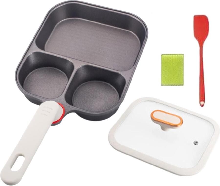 Eierpan met 3 compartimenten Omeletpan koekenpan Ontbijt bereiden Gelijkmatige warmteverdeling 23.5 cm diameter Zwart