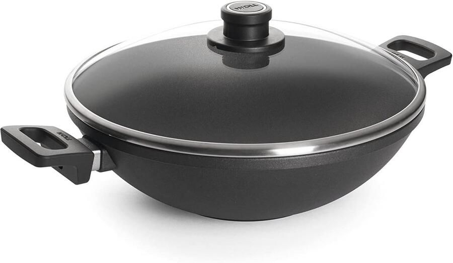 Titanium wok en roerpan met glazen deksel inductieve 32 cm 11 cm hoog geschikt voor alle kookplaten