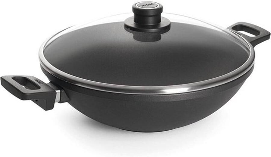 Titanium wok en roerpan met glazen deksel inductieve 32 cm 11 cm hoog geschikt voor alle kookplaten