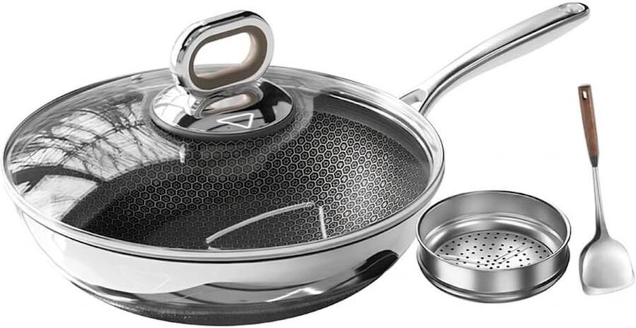 Titanium Wok Koekenpan Gezond Koken Honingraat Structuur 32cm Zwart