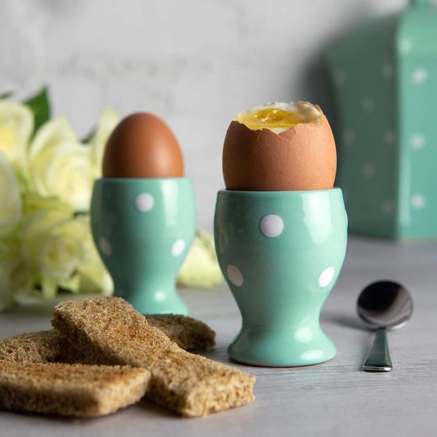 To Cottage Set van 2 Groenblauw en Wit Polka Dot Stippen| Handgemaakt Handgeschilderd Keramiek Eierdopjes Voor Harde Zachtgekookte Eieren