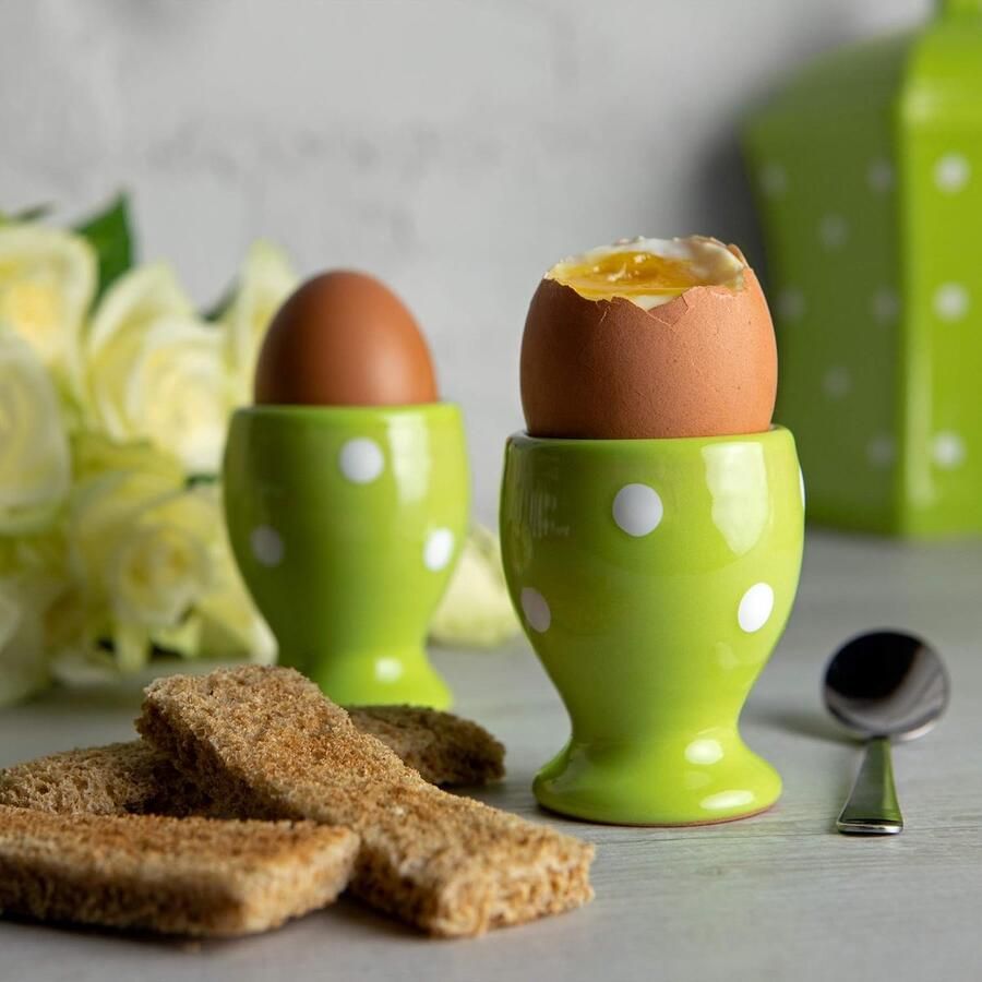 To Cottage Set van 2 Limoengroen en Wit Polka Dot Stippen| Handgemaakt Handgeschilderd Keramiek Eierdopjes Voor Harde Zachtgekookte Eieren