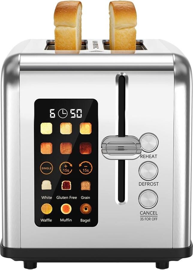Broodrooster met 2 schijven led-touchscreen roestvrij staal broodrooster met lange sleuf 6 bruiningsniveaus 6 broodprogramma's ontdooi- opwarm- en stopfunctie 880 W (2 schijven)