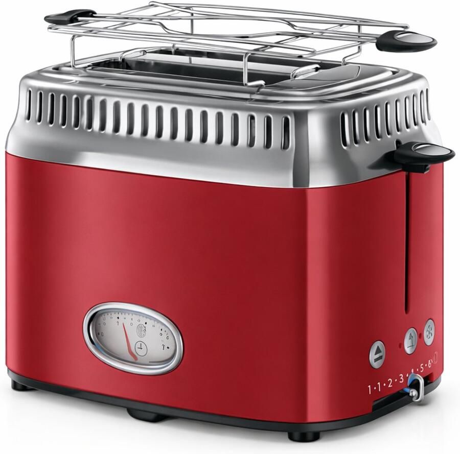 Toaster 2 Sneden – Broodrooster – Retro Design – Rood – Extra Brede Sleuven – Instelbare Bruiningsstanden – Ontdooifunctie – Opwarmfunctie – Warmhoudrek – Kruimellade – Stijlvol Keukenapparaat voor Dagelijks Gebruik