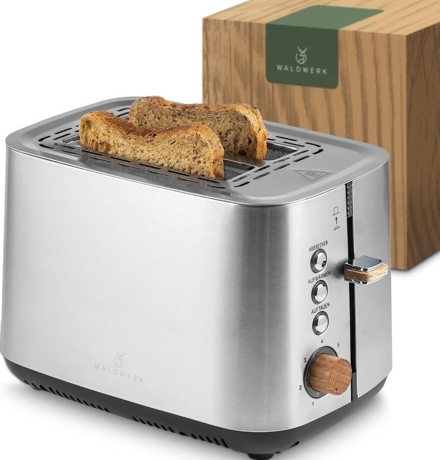 Toaster – Van 304 Roestvrij Staal en Eikenhout – Broodrooster – Voor 2 Sneden – Met Broodjesopzetstuk – Met Extra Brede en Diepe Toastkamers – Met Mruimellade