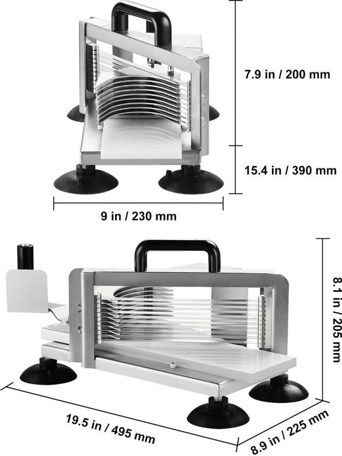Tomatensnijder Snijmachine Handmatige Tomatensnijder Groentesnijder Mandoline frietsnijder 0.38inch Heavy-Duty RVS Snijmachine Roestvrijstalen Voedselsnijmachine met Antislip Voeten