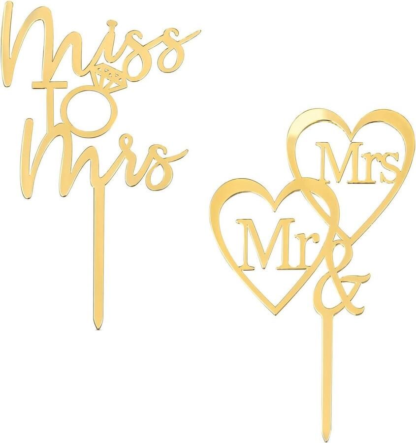 Topper bruiloft 2 stuks Miss to Mrs & Mr & Mrs taartstekers acryl Lichtgouden taartdecoratie bruiloft en bruiloftstaart decoratie van acryl voor verloving bruidsfeest bruiloft en jubileum
