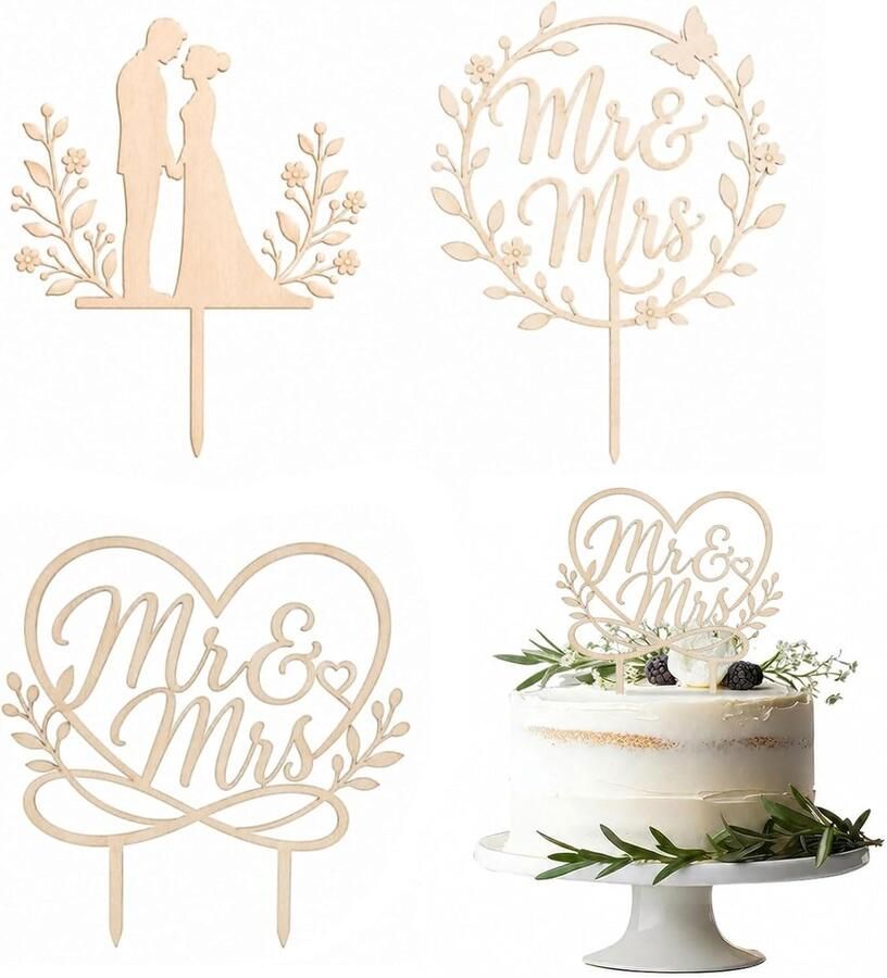 Bruiloft 3 Stuks Mr en Mrs Decoratie Houten Bruidstaart Decoratie voor Bruiloft Verloving Jubileum elegante Taartversiering Bruiloft