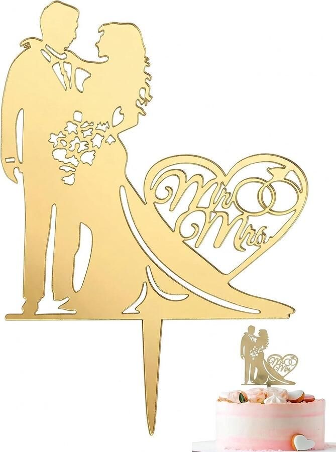 Topper Bruiloft Mr & Mrs Gold Glitter Romantische glinsterende decoratie voor huwelijksaanzoek verloving jubileum en verjaardag