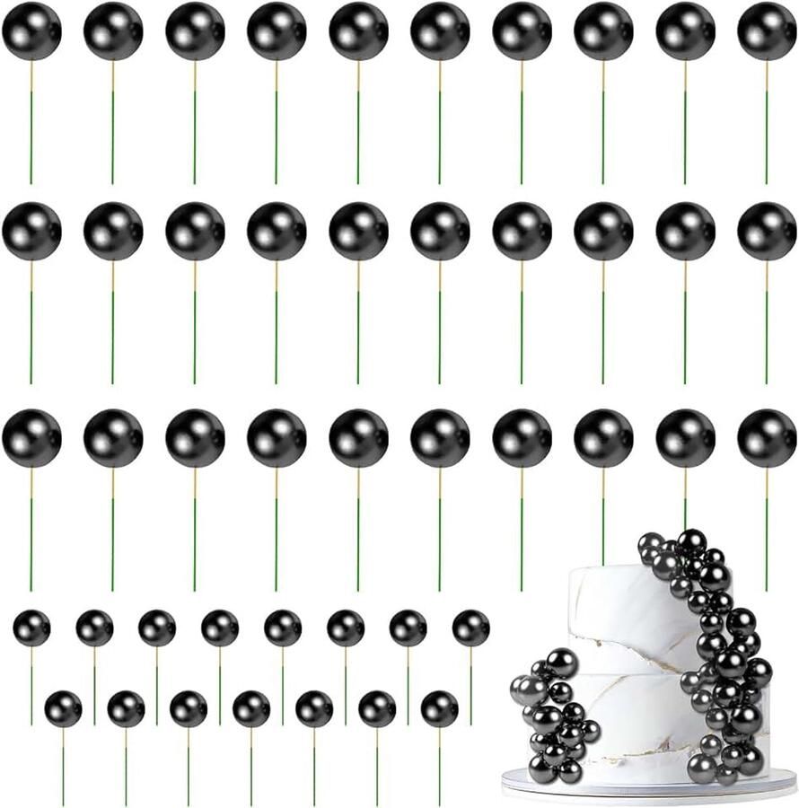 Topper Cake Ball 45 stuks decoratie voor cake mini-ballon taartsteel ballen voor verjaardag feest bruiloft staven voor taartdecoratie zwart