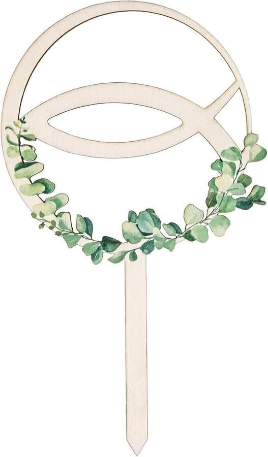 Topper vis hout: taartdecoratie doopsel communie vormsel caketopper met eucalyptusprint taarttopper jongen meisje decoratie taart religieus symbool houten taartprikker 20 x 12 cm