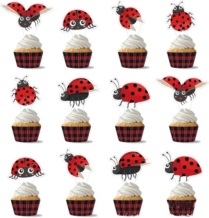 Toppers lieveheersbeestje taarttoppers tandenstokers vlaggen 12 stuks taarttoppers cupcake-toppers voor kinderen babyfeest verjaardag feest taartdecoratie