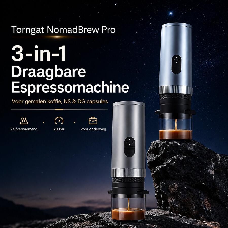 Torngat NomadBrew Pro 3-in-1 Zelfverwarmende Draagbare Espressomachine 20 Bar Premium Reis Koffiezetapparaat Koffie Apparaat en Koffie Machine voor Auto Camping Camper en Onderweg Voor Gemalen Koffie NS en DG Capsules 7800mAh Grijs