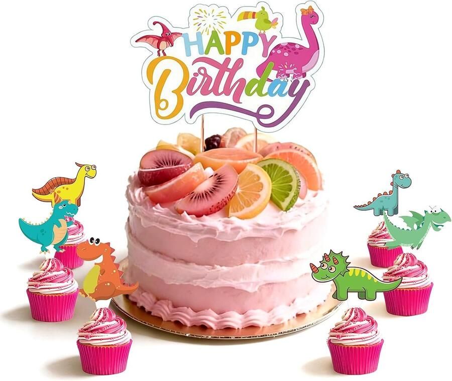 Tortendeko Kuchen en 25 stuks Dino Cake Deko Set zomer chill stijl dieren geboortedag deco feestdecoratief voor 1 2 3 4 5 6 7 8 9 10 jaar ou