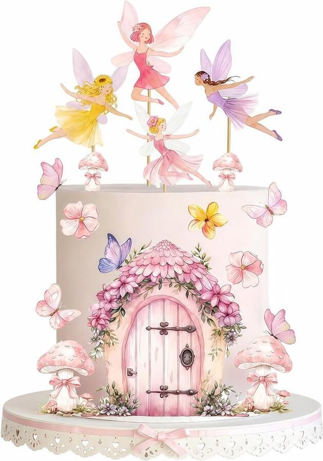 Tortenstecker Voor Verjaardagsfeest Versieringen Roze Paddestoel Deur Vlinder Bloemen Feeën Tuin