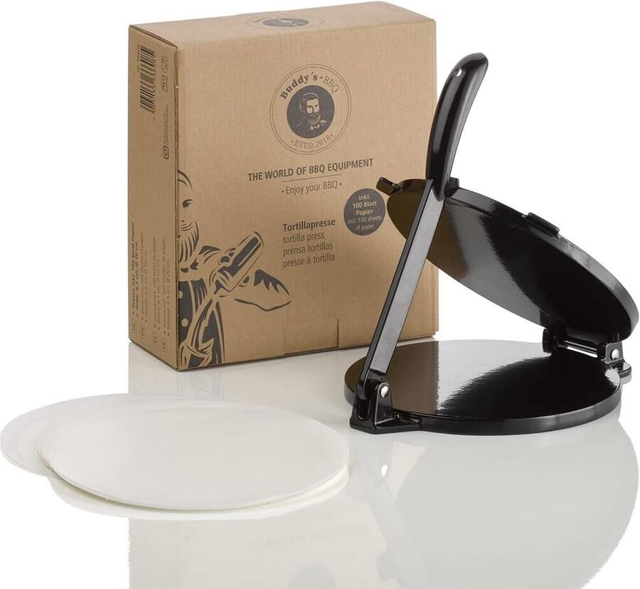 Tortillapers Gietijzer Taco Maker Zelf Tortilla's Maken Antiaanbaklaag Inclusief Ø 20 cm Zwart