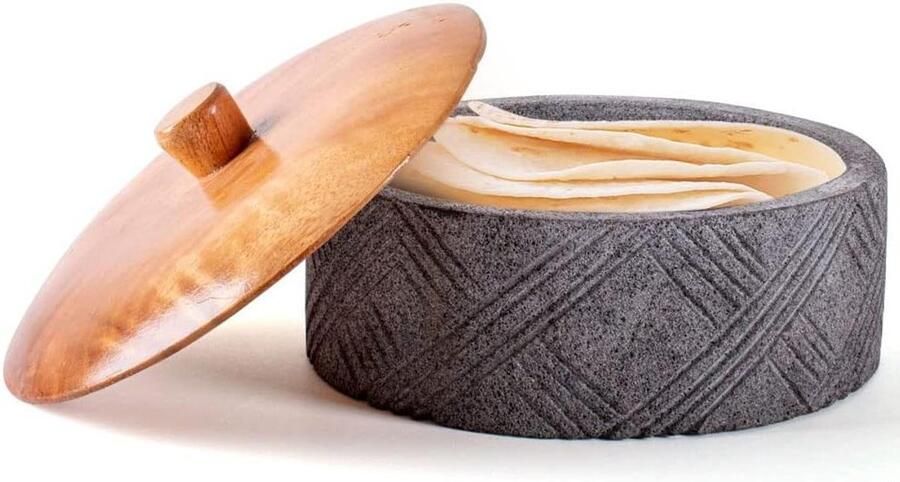 Tortillawarmer Tortilla Houder Tortillas Warm Houden Handgemaakt Vulkanisch Steen 20 cm Diameter Zwart