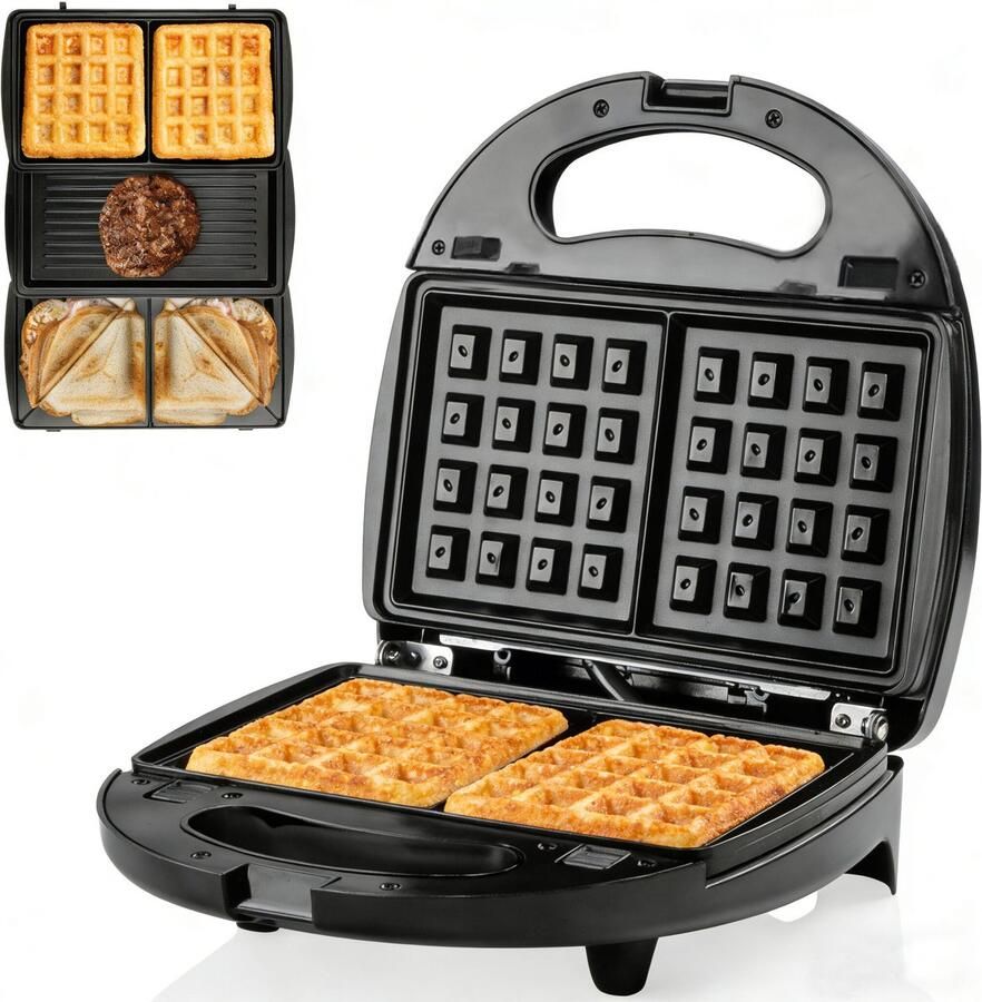 Tosti apparaat-Contactgrill met uitneembare platen-Contactgrill-Maakt twee sandwiches wordt geleverd met 3 verwijderbare antiaanbakplaten 750 watt PFAS niet inbegrepen-Perfect voor het maken van sandwiches wafels hamburgers en steaks