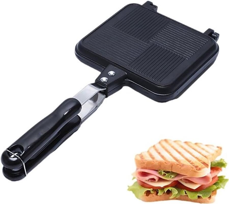 Tosti Apparaat Sandwichmaker Dubbelzijdige koekenpan Sandwichtoaster Wafelijzer Met handvat antiaanbak grillpan Voor gebruik op het fornuis of buitenshuis Voor zowel koken binnenshuis als kamperen in de buitenlucht