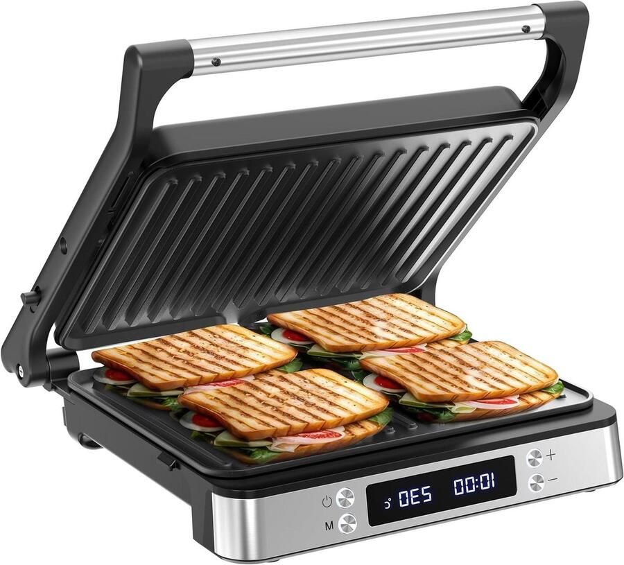 Tosti Apparaat XL Panini Grill Lekker Lunchen Timer Temperatuurregeling Voor 4 Tosti's Zilver - Foto 2