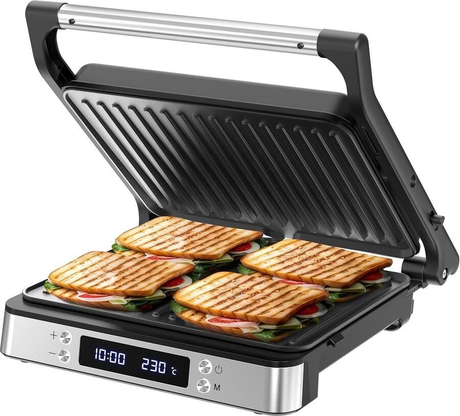 Tosti Apparaat XL Panini Grill Tosti's Maken PFAS Vrij Voor 4 Tosti's Silver