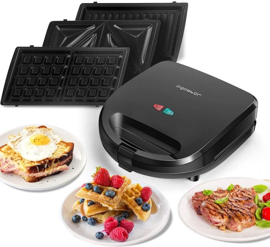 Tosti Grill Wafelmaker 3-in-1 Apparaat Ontbijt Lunch Diner Verwijderbare Platen 22x24x10 cm Zwart