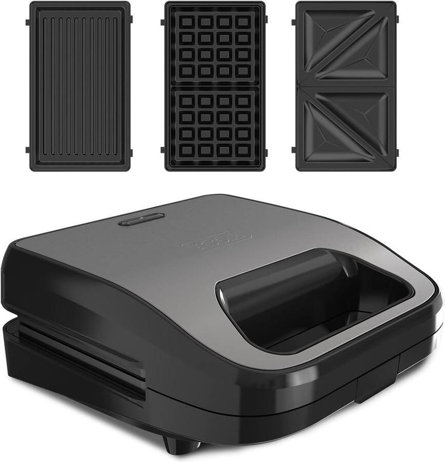 Tosti-ijzer 3-in-1 Sandwichmaker Grill Wafelijzer Snacks Bereiden Verwisselbare Platen 750 Watt Grijs Zwart
