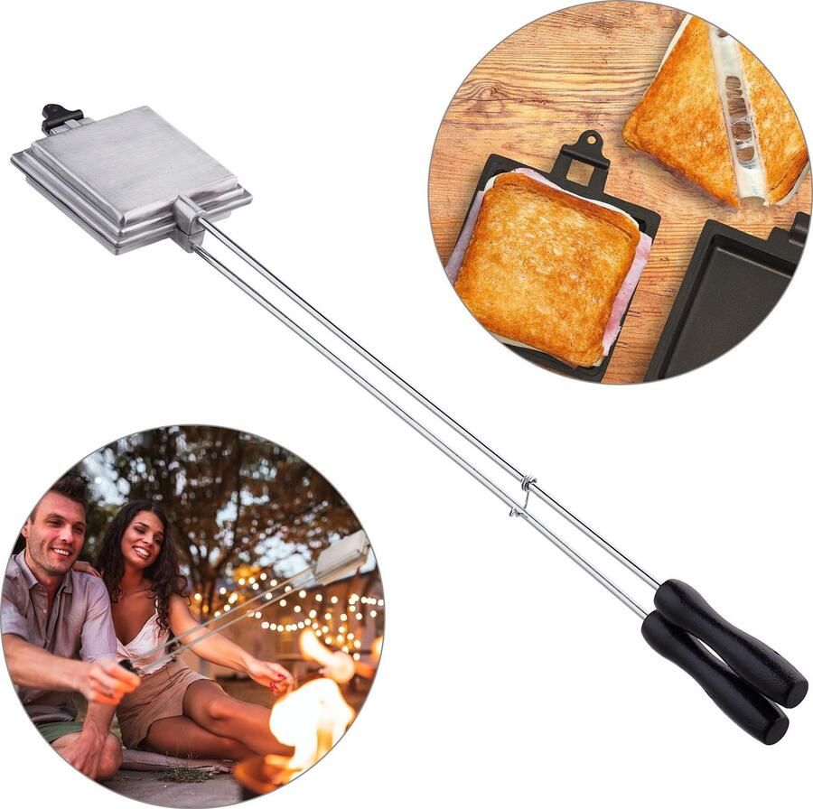Relaxdays tosti ijzer camping voor gas greep 57 cm lang tostiklem: 10x10 cm zilver