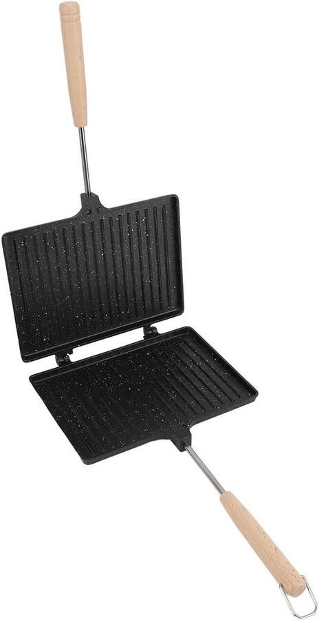 Dubbelzijdige Broodrooster Tosti Maker Snel Ontbijt Afneembare Houten Handgreep 27 x 24 x 5 cm Zwart