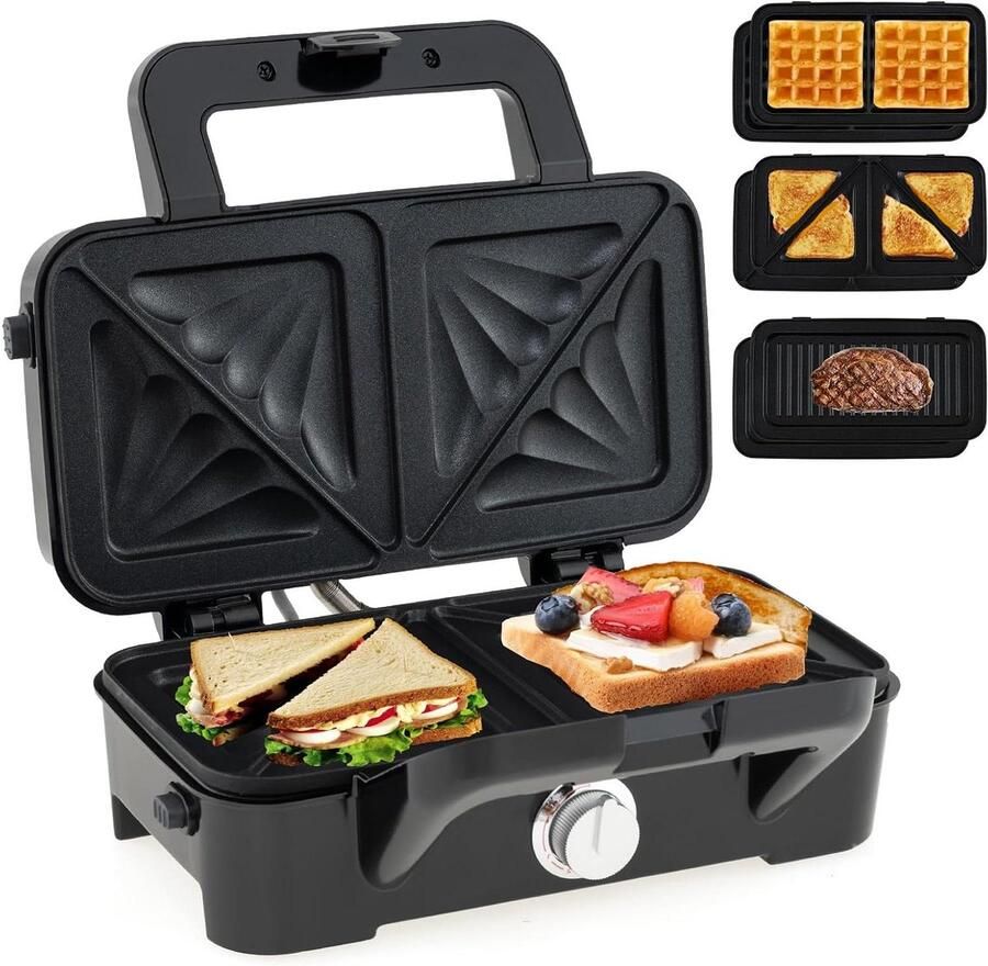 Tostiijzer Panini Maker Wafelijzer Contactgrill Snelle Maaltijden 3-in-1 Verwisselbare Platen 23x29x12 cm Zwart