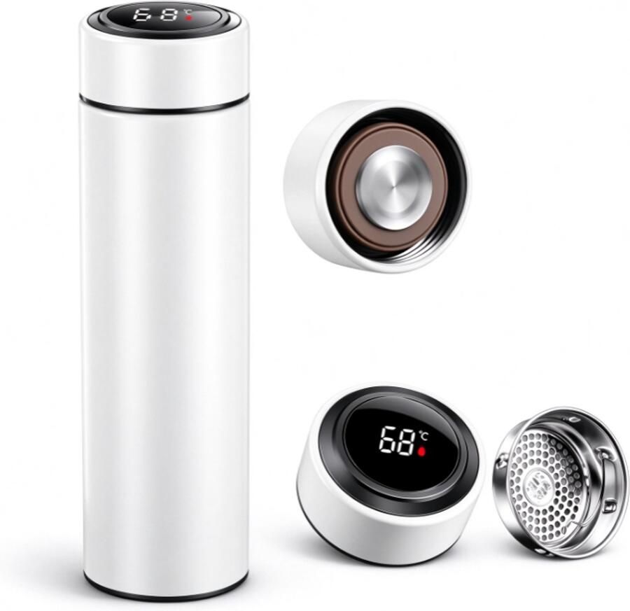 Touch‑screen LED verwarmingsbeker 500 ml dubbelwandige roestvrijstalen draagbare waterkoker houdt 12 uur warm en 24 uur koud (Wit)