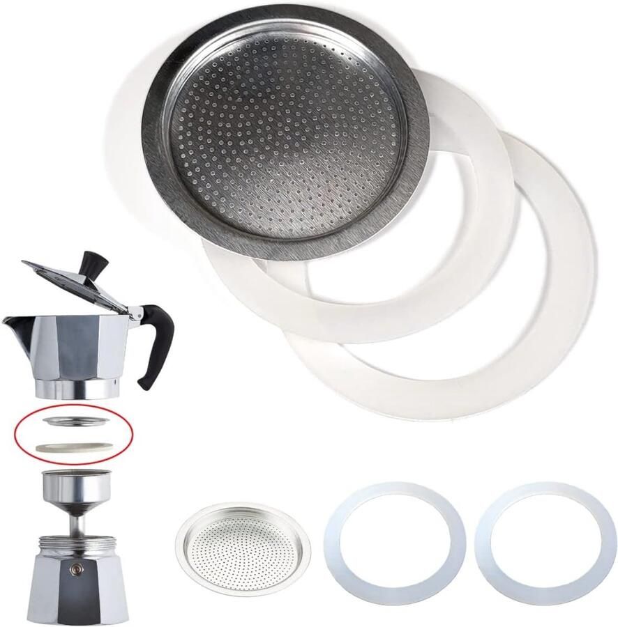 Trade Afdichting en filter voor koffiezetapparaat universeel voor reserveonderdelen Moka (2 x siliconen afdichtring + 1 x filter) (2 kopjes) (49734)