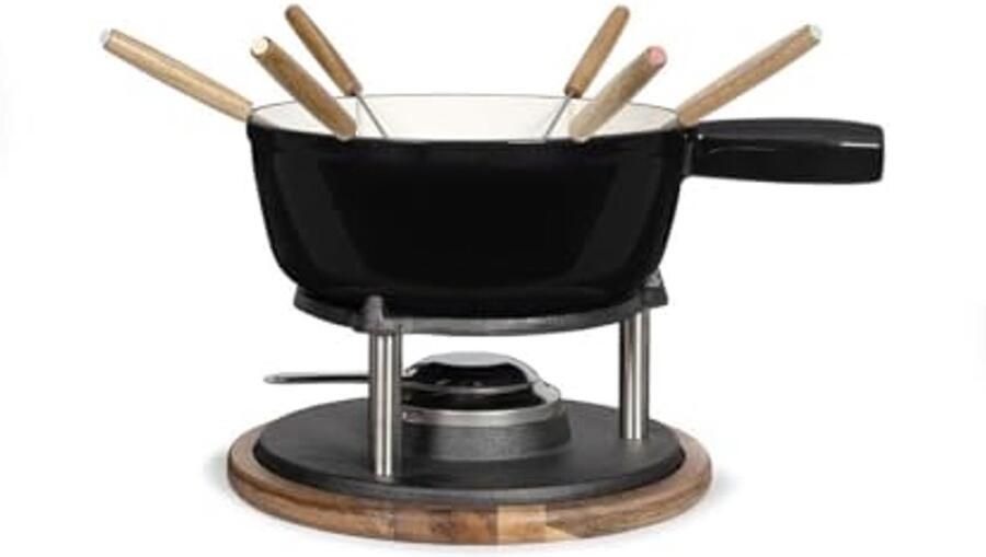 Traditionele fondueset voor 6 personen 2 6 liter geëmailleerde gietijzeren pan met acacia sokkel