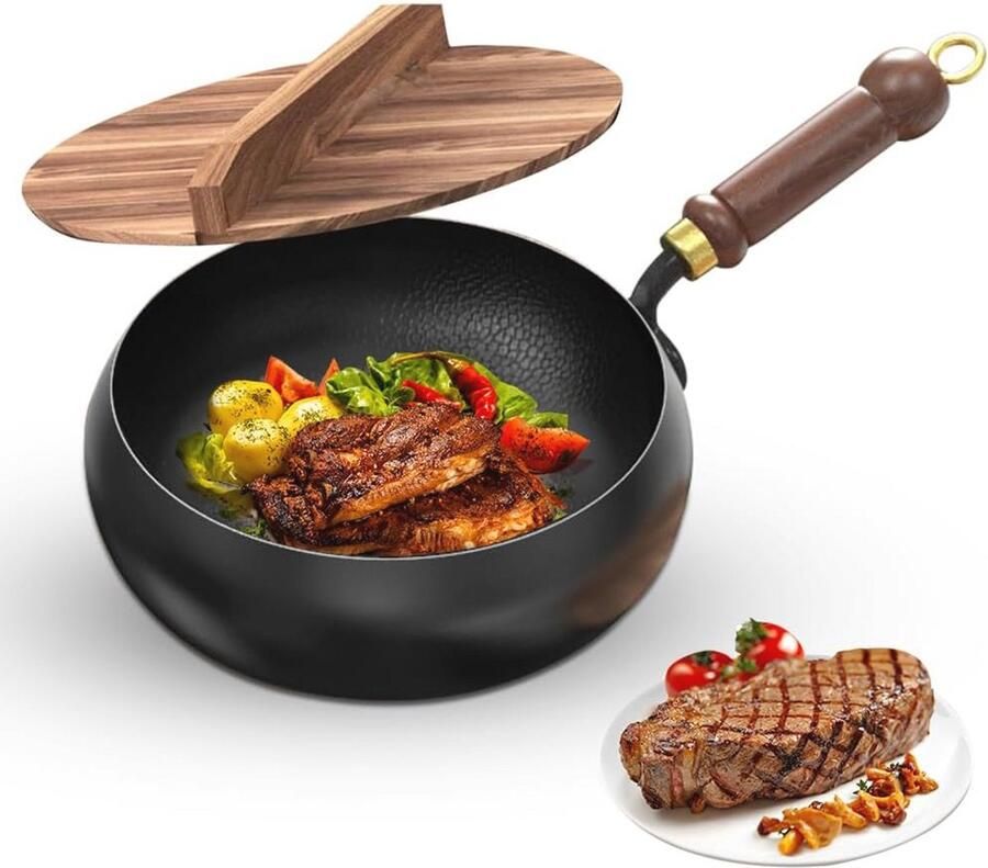 Traditionele handgesmede ijzeren braadpan veelzijdige pan voor gezond koken en aanbraden (26 5 cm)