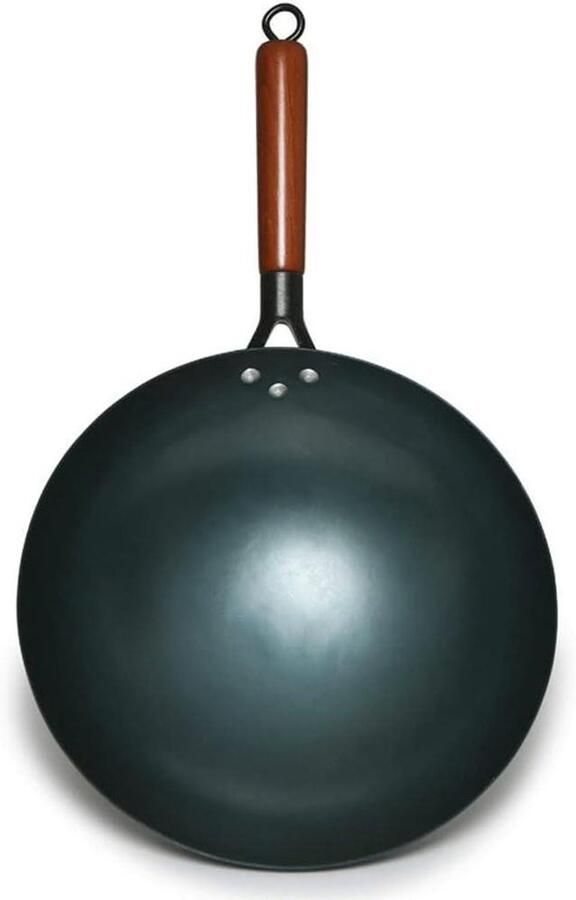 Traditionele Wok Handgemaakte Pan Koken op Gas Massief Houten Handvat 30 cm Diameter Zwart