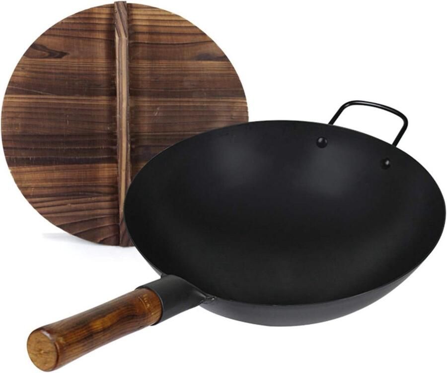 Traditionele Wokpan Gietijzeren Koekenpan Gezond Koken Gelijkmatige Warmtegeleiding 36 cm Zwart