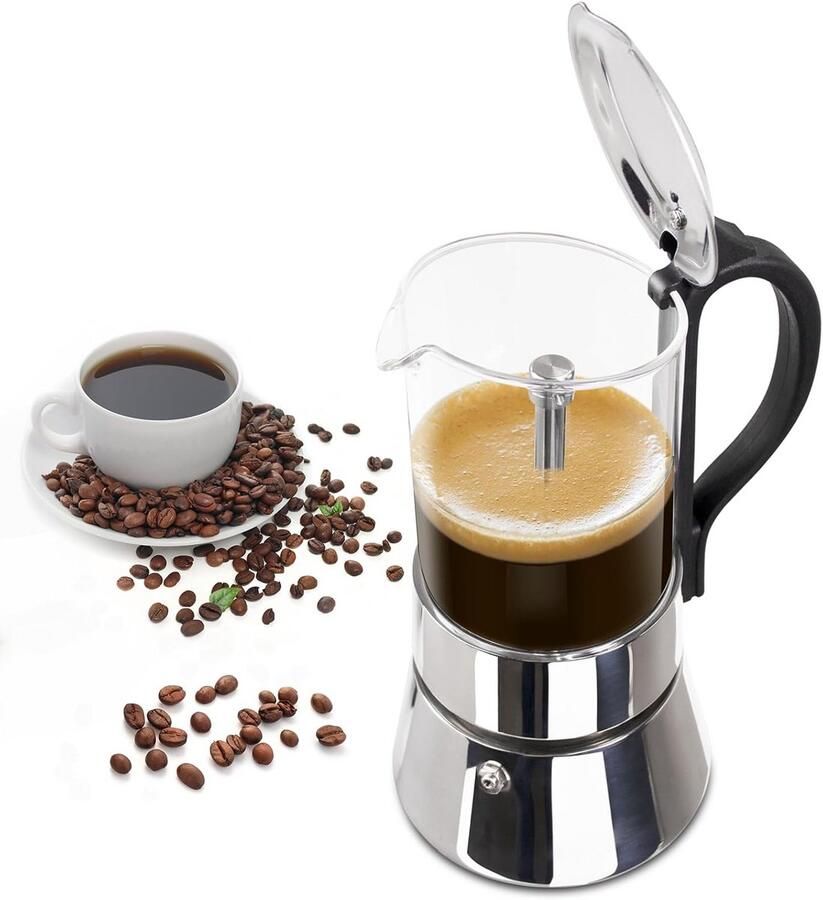 Transparante Espressomaker van Glas en Roestvrij Staal Moka Pot Koffiezetapparaat voor Thuis en Camping (6 Kops)