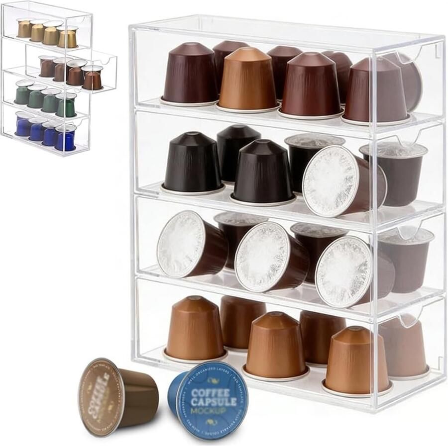 Transparante opslagtray voor koffiecapsules organiser met 4 lades acryl houder voor Nespresso en andere capsules 24.7 x 17.5 x 6.5 cm